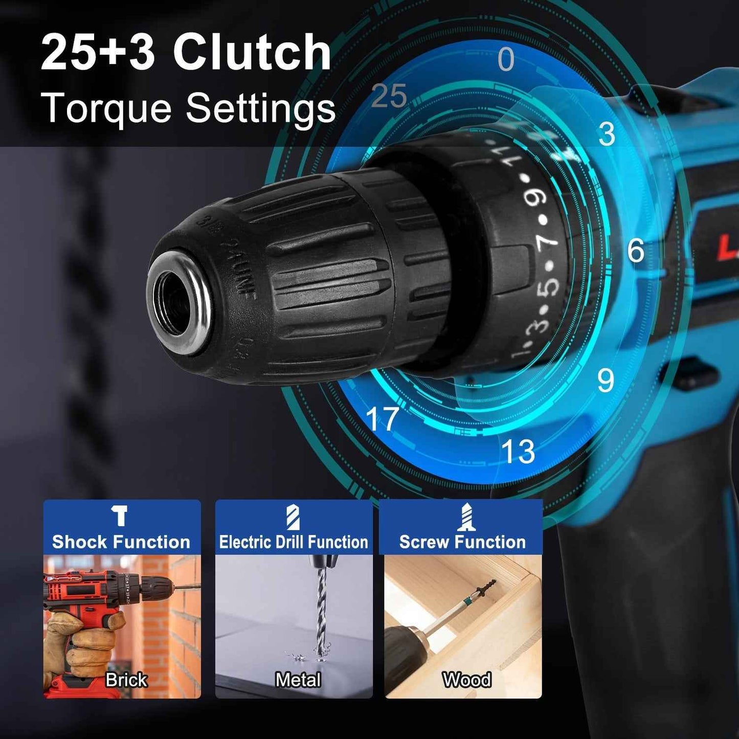 1Pack Cordless Drill Set With 2Pcs 21V Batteries And Charger 2 Variable Speeds Keyless Chuck 265lnLbs 25 And 3 Torque Positions Included 24Pcs Drill Bits For Home Car Repair Handmade