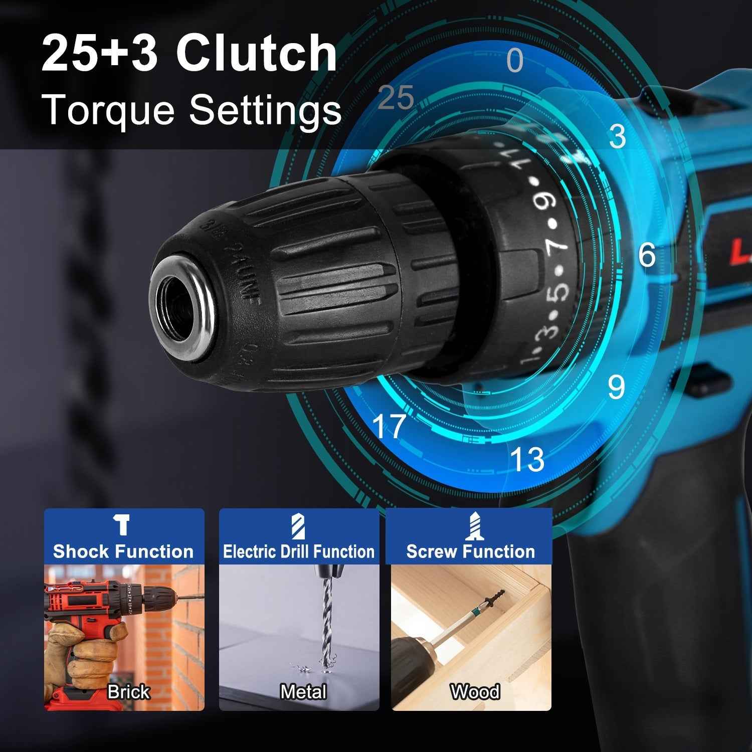 1Pack Cordless Drill Set With 2Pcs 21V Batteries And Charger 2 Variable Speeds Keyless Chuck 265lnLbs 25 And 3 Torque Positions Included 24Pcs Drill Bits For Home Car Repair Handmade