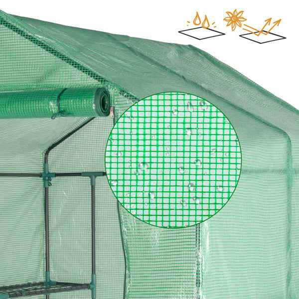 143x143x195cm PE Fabric Flower Room, Black Iron Pipe, Pointed Top, With 8 Mesh Flower Racks, Zipper Roll Door