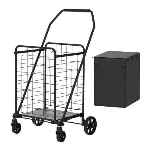 Shopping Cart With Shelf,Grocery Cart On Wheels, Foldable Utility Shopping Carts With Double Basket And 360 Rolling Swivel Wheels For Groceries Laundry