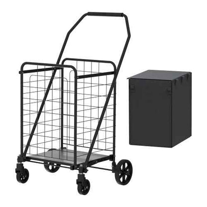 Shopping Cart With Shelf,Grocery Cart On Wheels, Foldable Utility Shopping Carts With Double Basket And 360 Rolling Swivel Wheels For Groceries Laundry