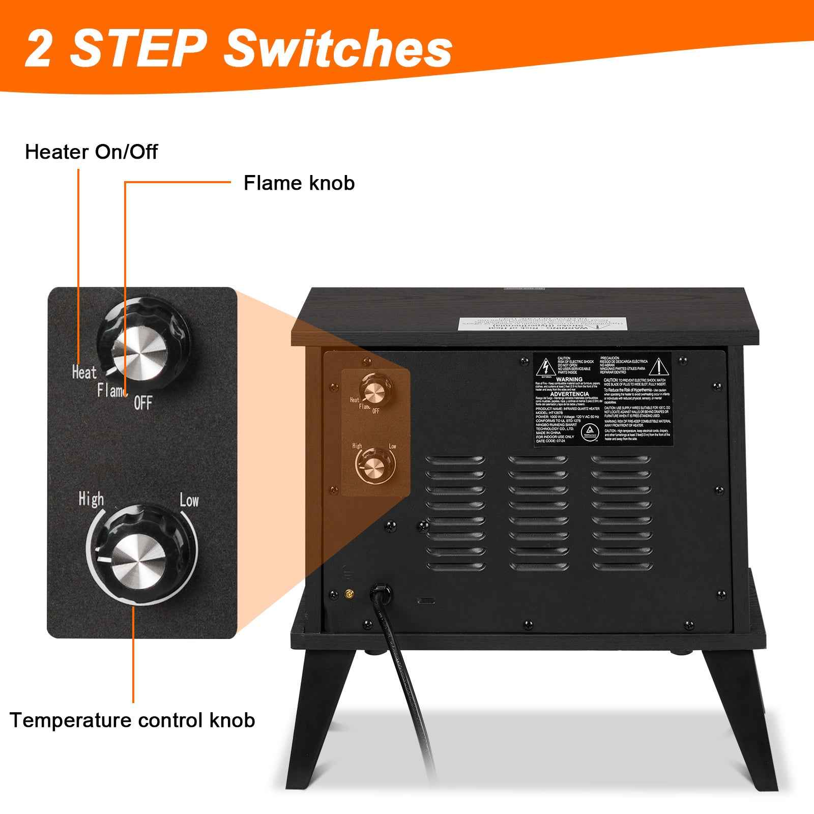 ZOKOP HT1287B 120V 1000W 15in Fireplace Black Wood Free-standing - Quartz Tube - 2nd Gear Temperature Control - With Fake Firewood  - Single Color