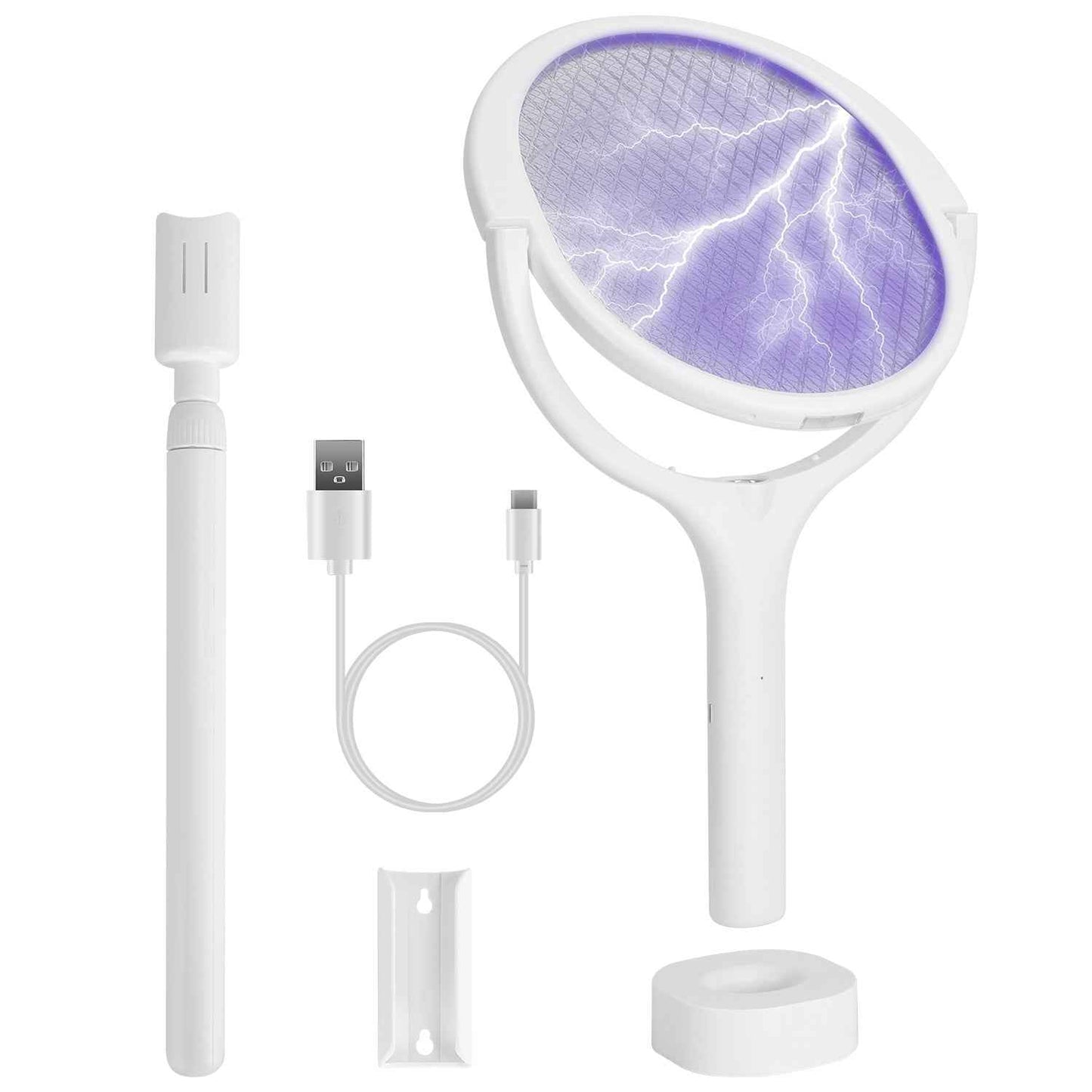 3 In 1 Electric Bug Zapper Racket 90Degree Rotating Bug Zapper Wand Indoor Outdoor Handheld Mosquito Swatter With Telescopic Extension Wand