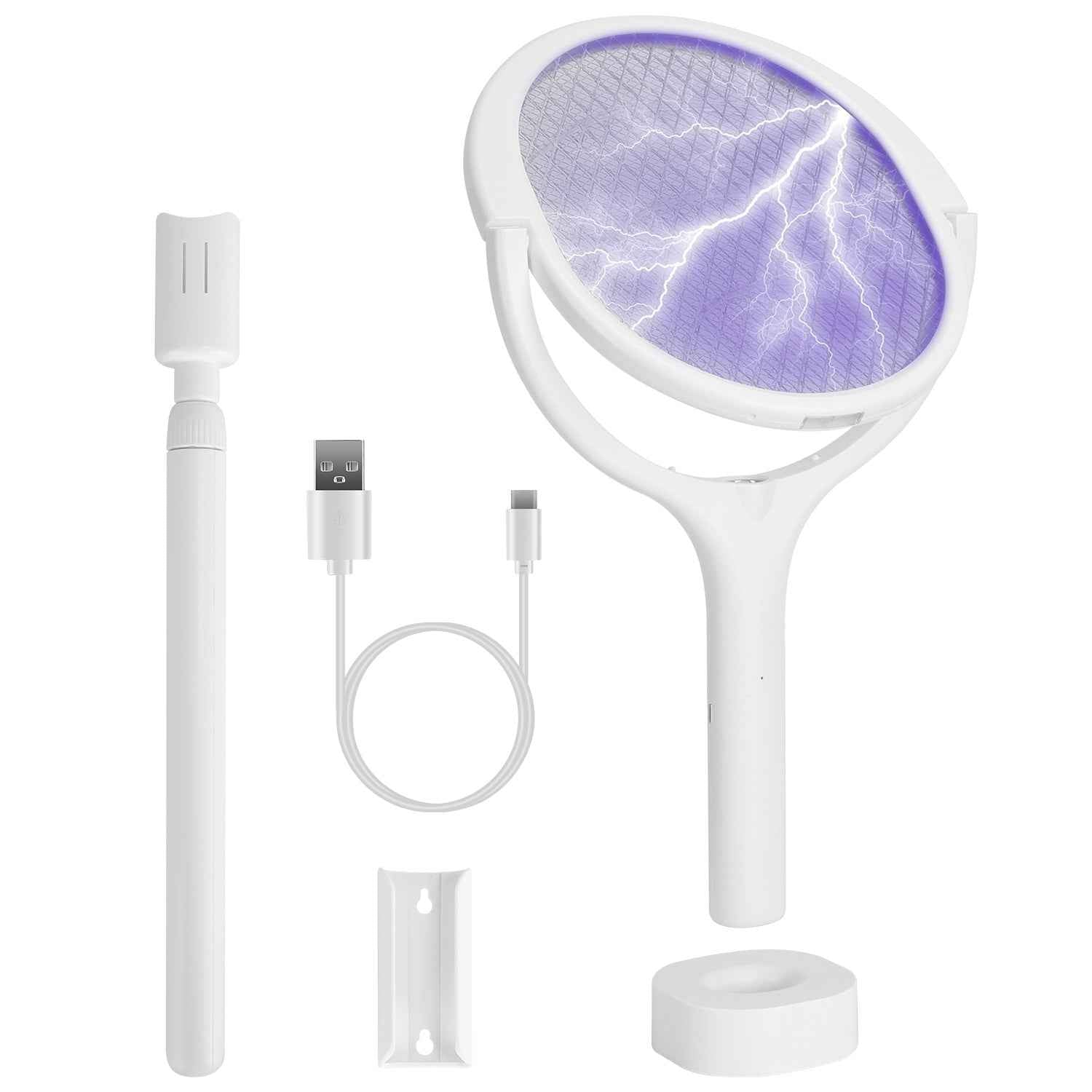 3 In 1 Electric Bug Zapper Racket 90Degree Rotating Bug Zapper Wand Indoor Outdoor Handheld Mosquito Swatter With Telescopic Extension Wand