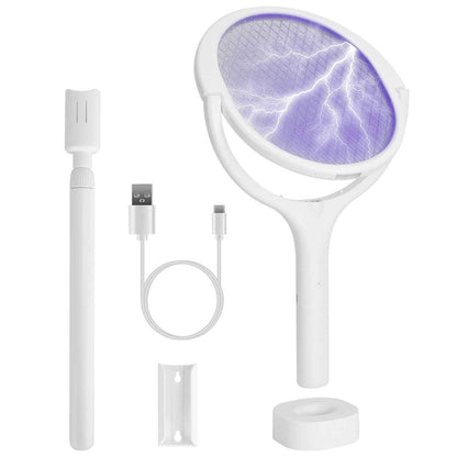 3 In 1 Electric Bug Zapper Racket 90Degree Rotating Bug Zapper Wand Indoor Outdoor Handheld Mosquito Swatter With Telescopic Extension Wand