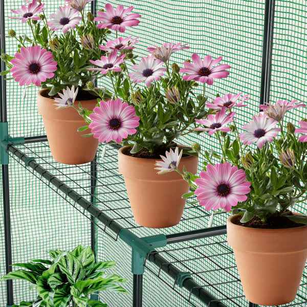 143x143x195cm PE Fabric Flower Room, Black Iron Pipe, Pointed Top, With 8 Mesh Flower Racks, Zipper Roll Door