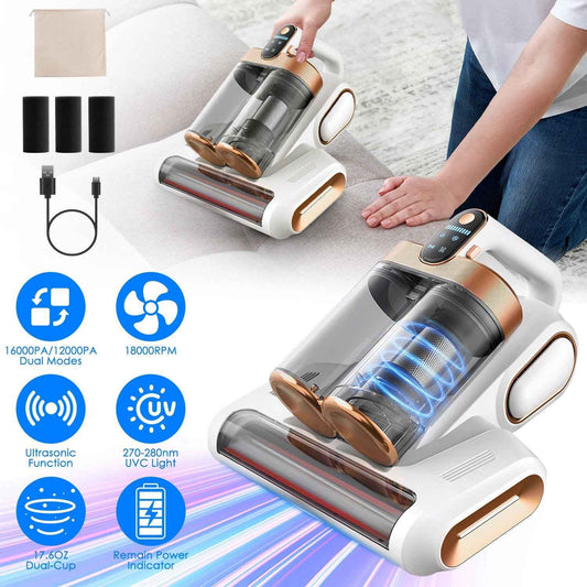 1Pc Mattress Vacuum Cleaner 16Kpa Bed Vacuum Cleaner Handheld Vacuums With Ultrasonic And UVC Light 18000 RPM Brushroll Rotation Dual Dust Bins Washable Filters For Bed Pillows Cribs Sofa