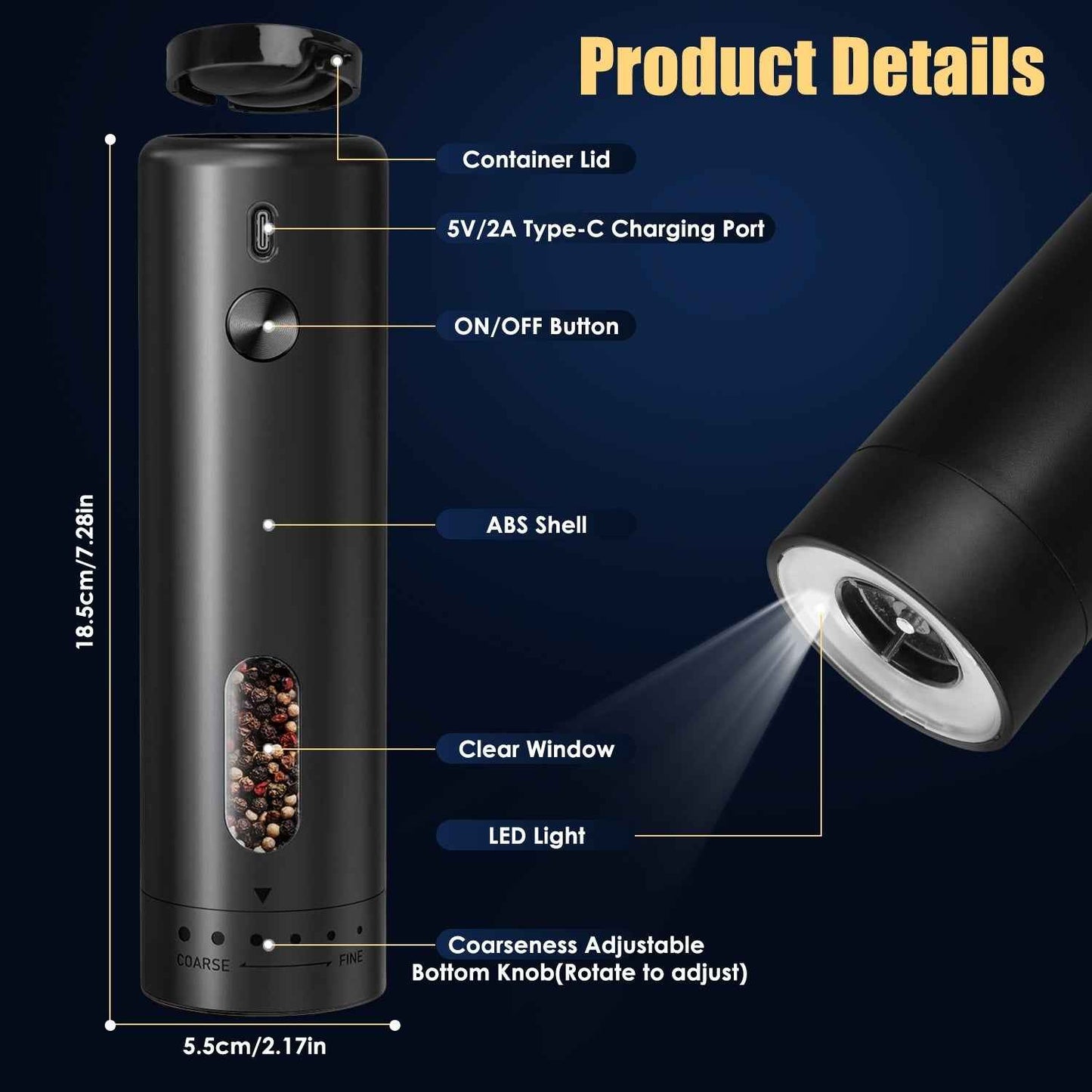 1Pc  Electric Pepper Grinder USB Rechargeable Pepper Mill Automatic Salt Grinder With 6 Adjustable Coarseness LED Light 110ML Container One Hand Operation For Kitchen Essential
