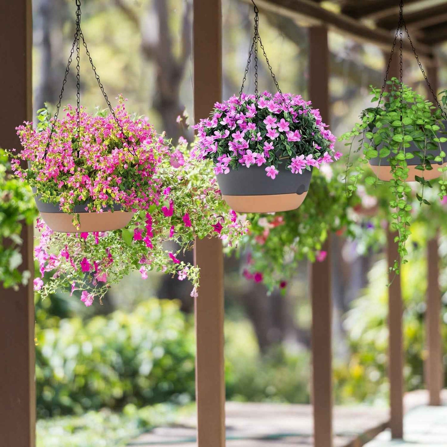 4Pcs 9.64In Diameter Hanging Planter With Drainage Holes Removable Self-Watering Tray Plastic Hanging Flower Plant Pots For Indoor Outdoor Herb Ivy Fern