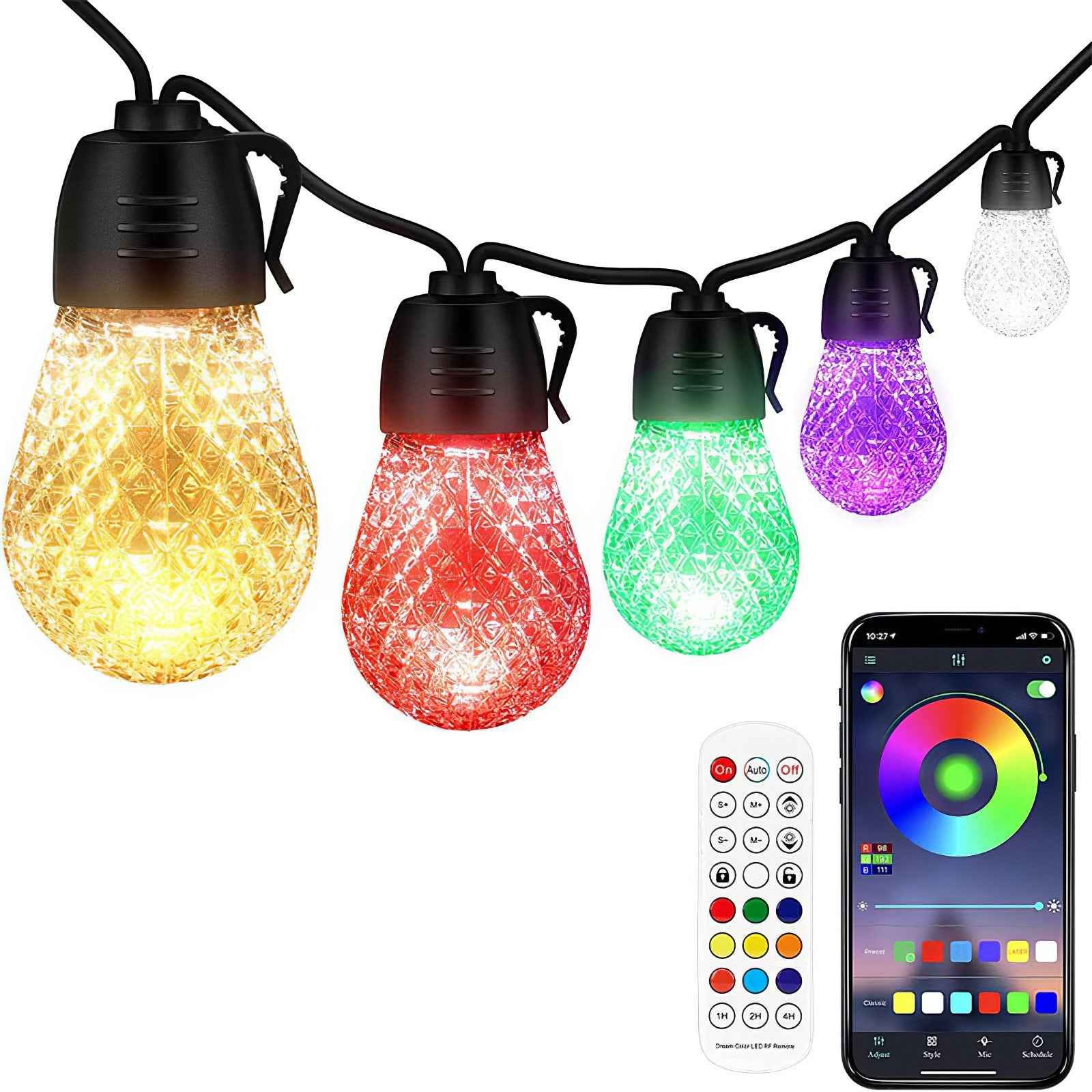 52.5FT Colorful Outdoor String Lights Smart RGB LED Patio Lights IP66 Waterproof Dimmable Hanging Light Bulbs With APP Remote Control 15 Bulbs