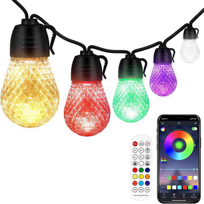 52.5FT Colorful Outdoor String Lights Smart RGB LED Patio Lights IP66 Waterproof Dimmable Hanging Light Bulbs With APP Remote Control 15 Bulbs