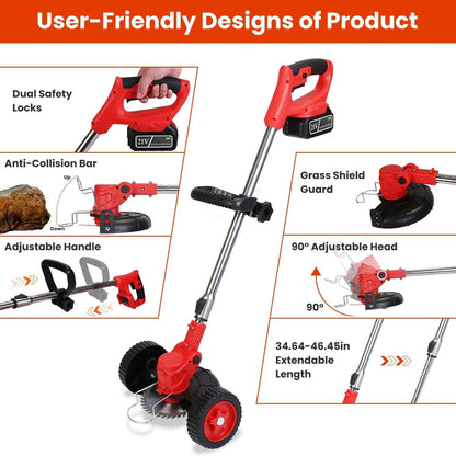 1Pc 3 In 1 Electric Cordless Grass Wacker Battery Powered Grass Trimmer With Wheels Adjustable Head Extendable Length Rechargeable Lightweight Lawn Trimmer With 2Pcs 2500mAh Batteries