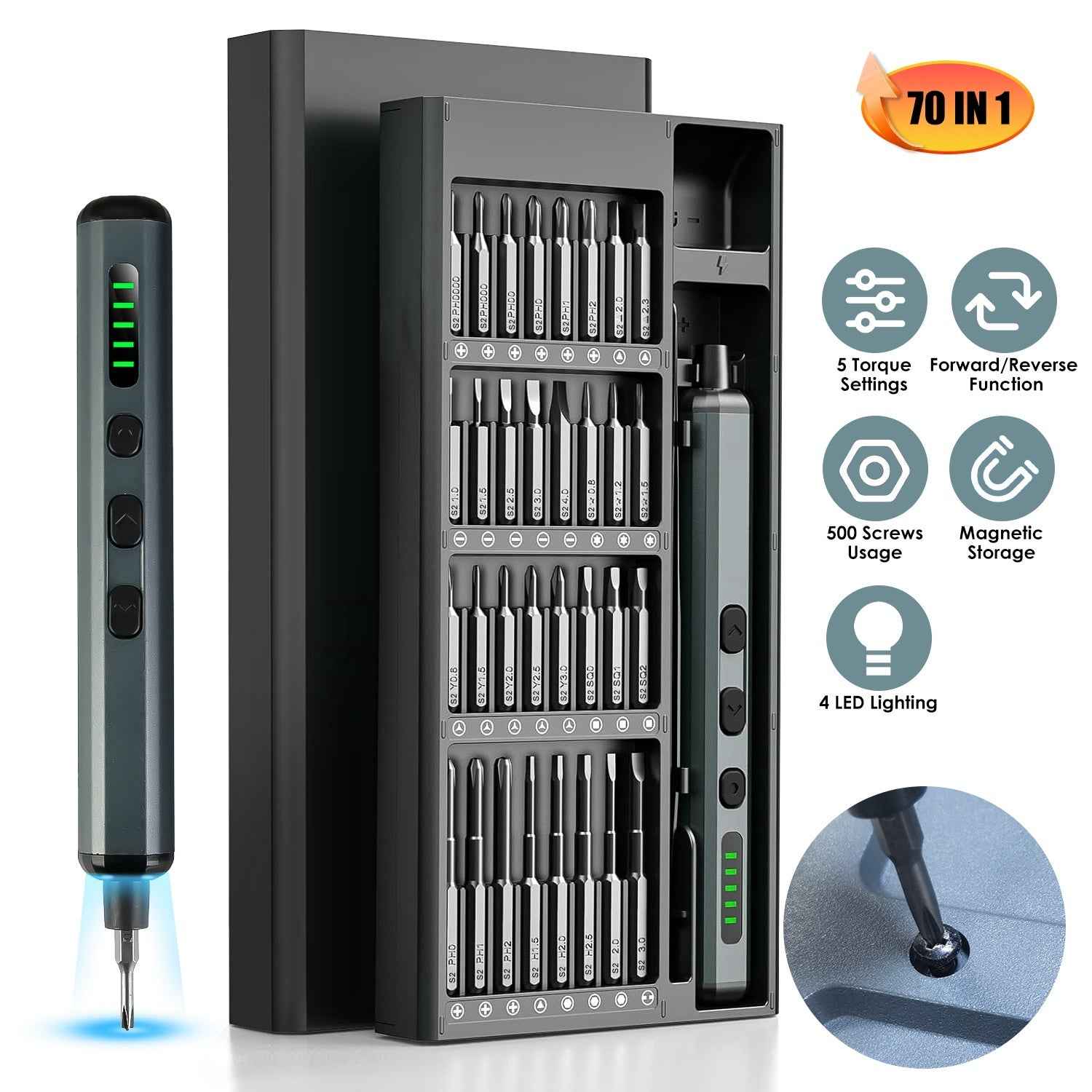 1Set 70 In 1 3.7V Mini Electric Screwdriver Kit Rechargeable Magnetic Repair Tool Kit With 5 Torque Settings 64 S2 Precision Bits 4 LED Lights For Phone Camera Laptop Watch Repair