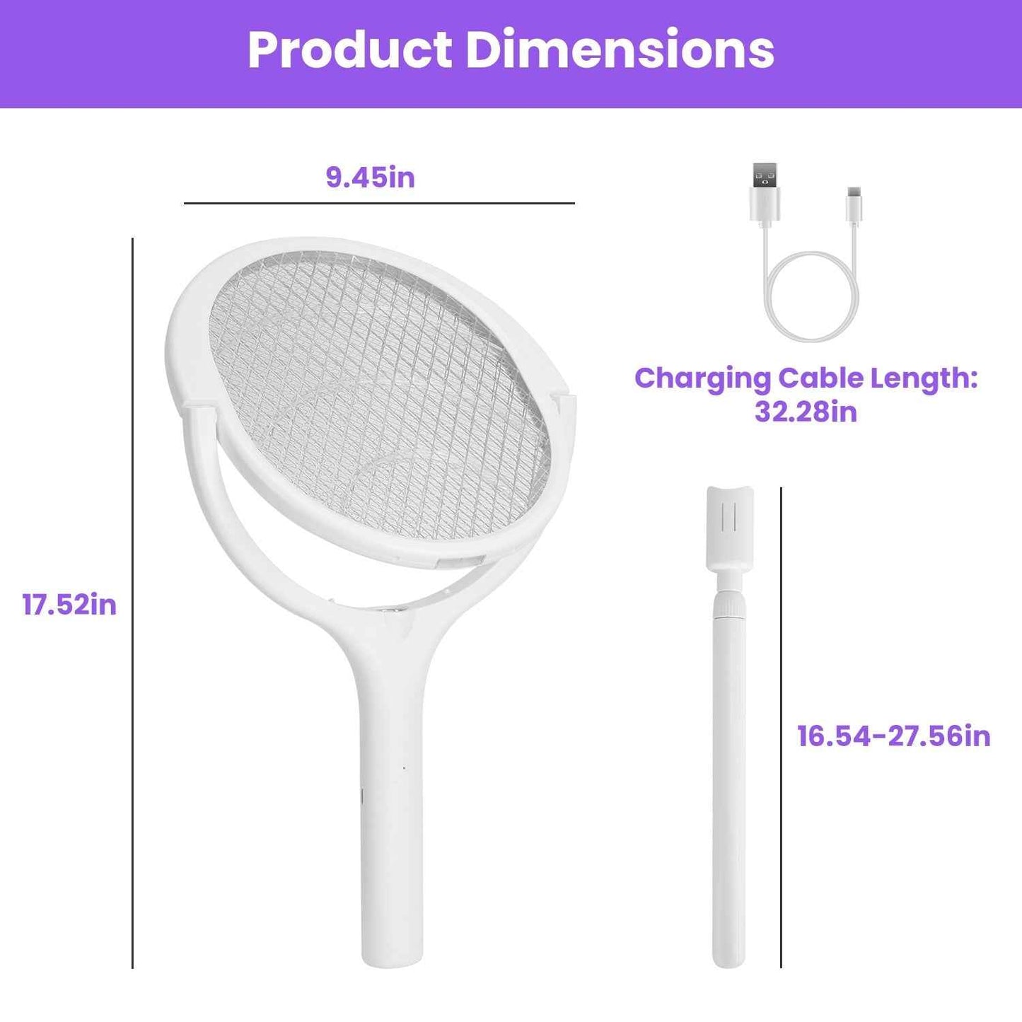 3 In 1 Electric Bug Zapper Racket 90Degree Rotating Bug Zapper Wand Indoor Outdoor Handheld Mosquito Swatter With Telescopic Extension Wand