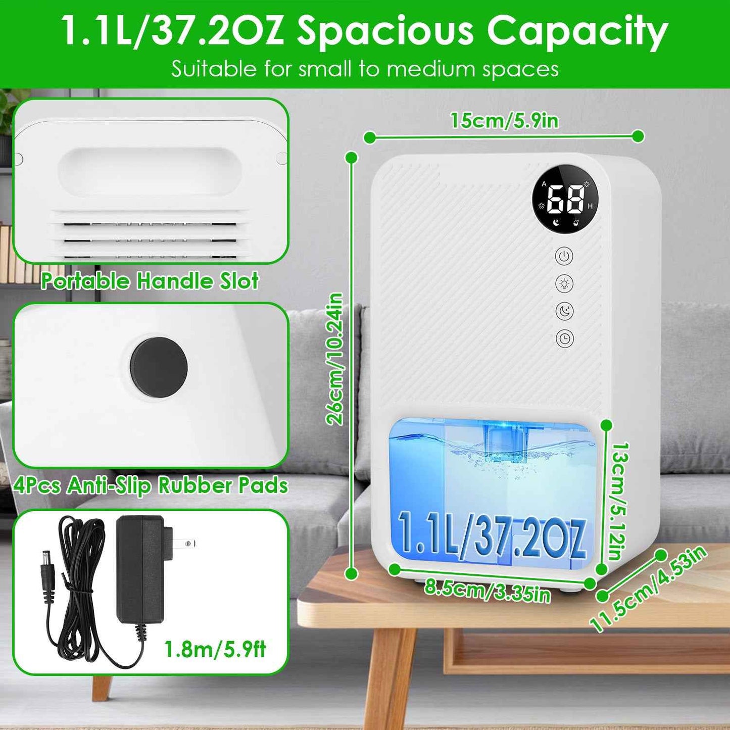 1Pc 37OZ Dehumidifier Indoor Portable Small Dehumidifier With Sleep Mode 24H Timer 7Color Lighting  Touch Control For Home Bathroom Basement Closet RV Bedroom