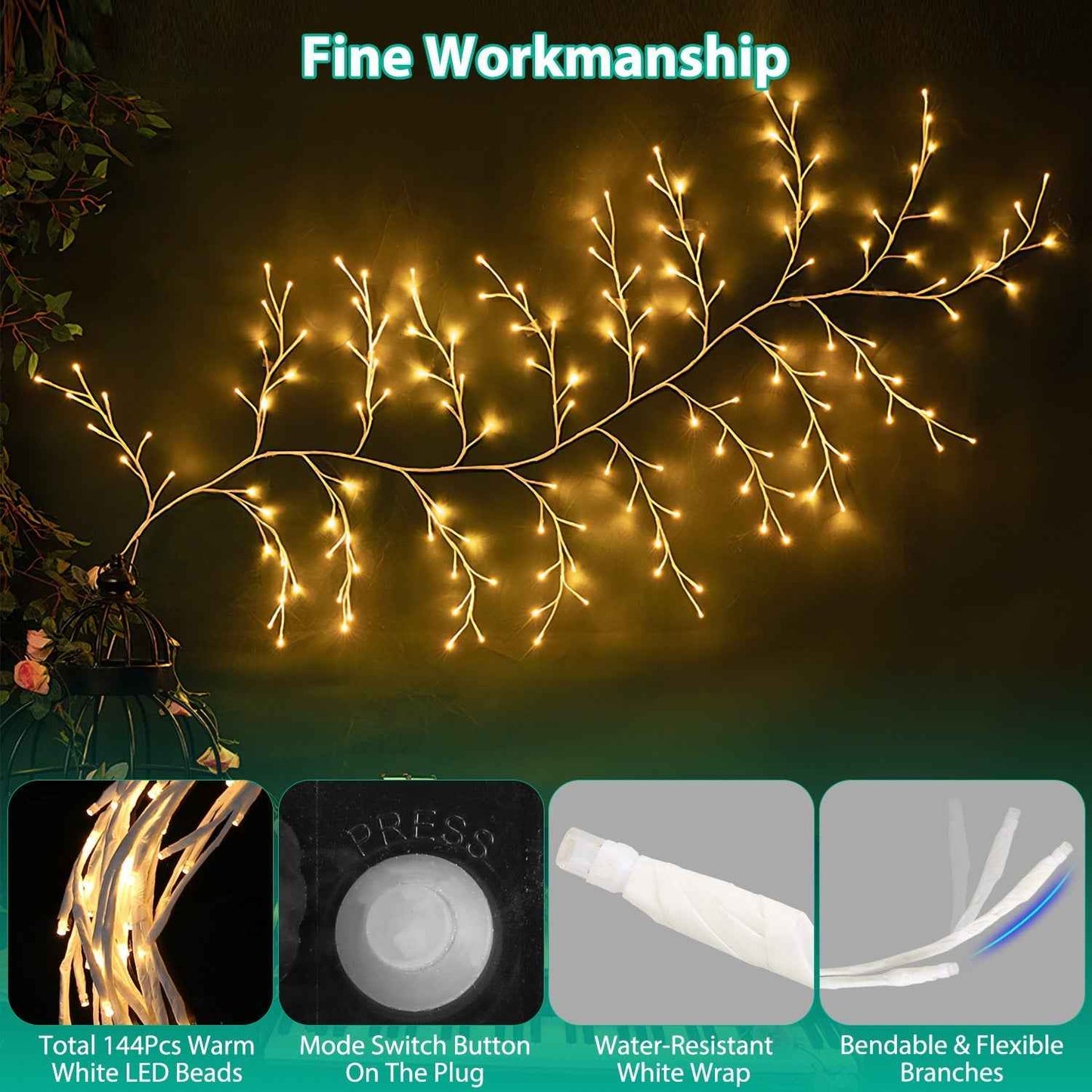 1Pc 7.87FT Lighted Birch Garland Lighted Twig Vine Lights 144LED Birch Garland With Lights String Light With Timer 8 Modes IP45 Waterproof For Christmas Fireplace Home Decoration