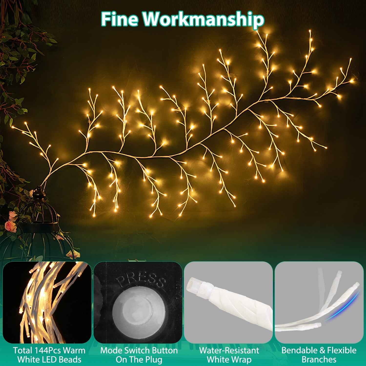 1Pc 7.87FT Lighted Birch Garland Lighted Twig Vine Lights 144LED Birch Garland With Lights String Light With Timer 8 Modes IP45 Waterproof For Christmas Fireplace Home Decoration