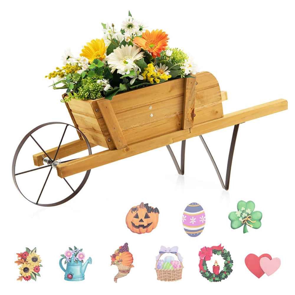 Wooden Wagon Planter With 9 Magnetic Accessories For Garden Yard