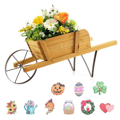 Wooden Wagon Planter With 9 Magnetic Accessories For Garden Yard