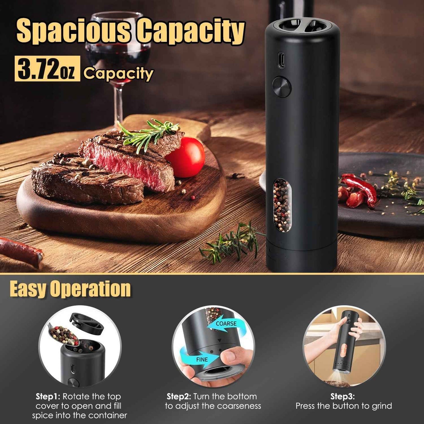 1Pc  Electric Pepper Grinder USB Rechargeable Pepper Mill Automatic Salt Grinder With 6 Adjustable Coarseness LED Light 110ML Container One Hand Operation For Kitchen Essential