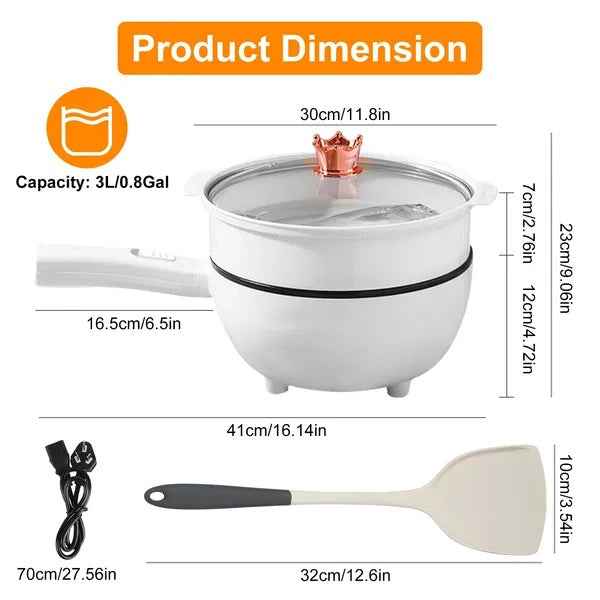 Electric Hot Pot Non-Stick Frying Pan Portable Rapid Noodles Cooker With Long Handle Steamer Spatula Dual Power Control Overheat Dry-Boil Protection For College Dorm Room Essential GPCT5386