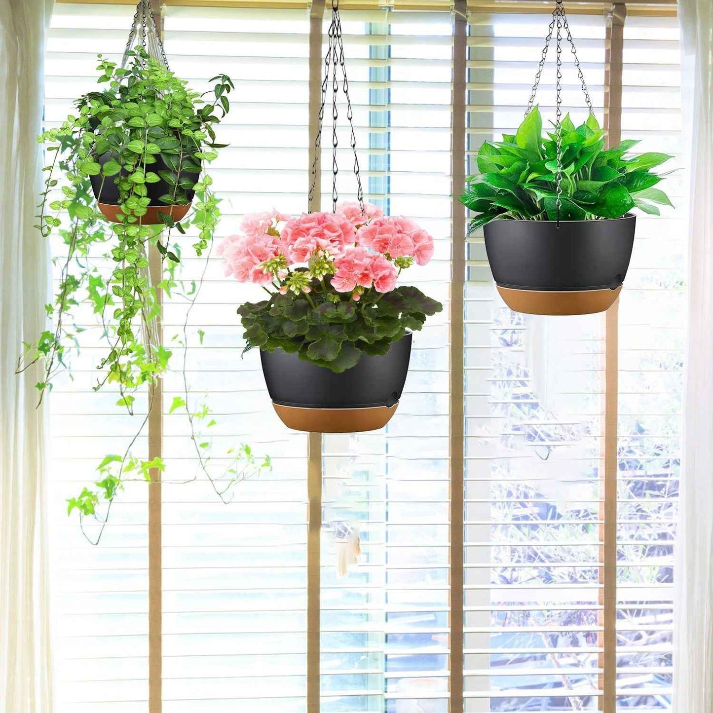 4Pcs 9.64In Diameter Hanging Planter With Drainage Holes Removable Self-Watering Tray Plastic Hanging Flower Plant Pots For Indoor Outdoor Herb Ivy Fern