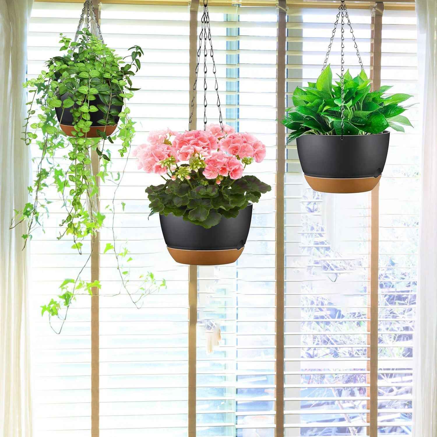 4Pcs 9.64In Diameter Hanging Planter With Drainage Holes Removable Self-Watering Tray Plastic Hanging Flower Plant Pots For Indoor Outdoor Herb Ivy Fern
