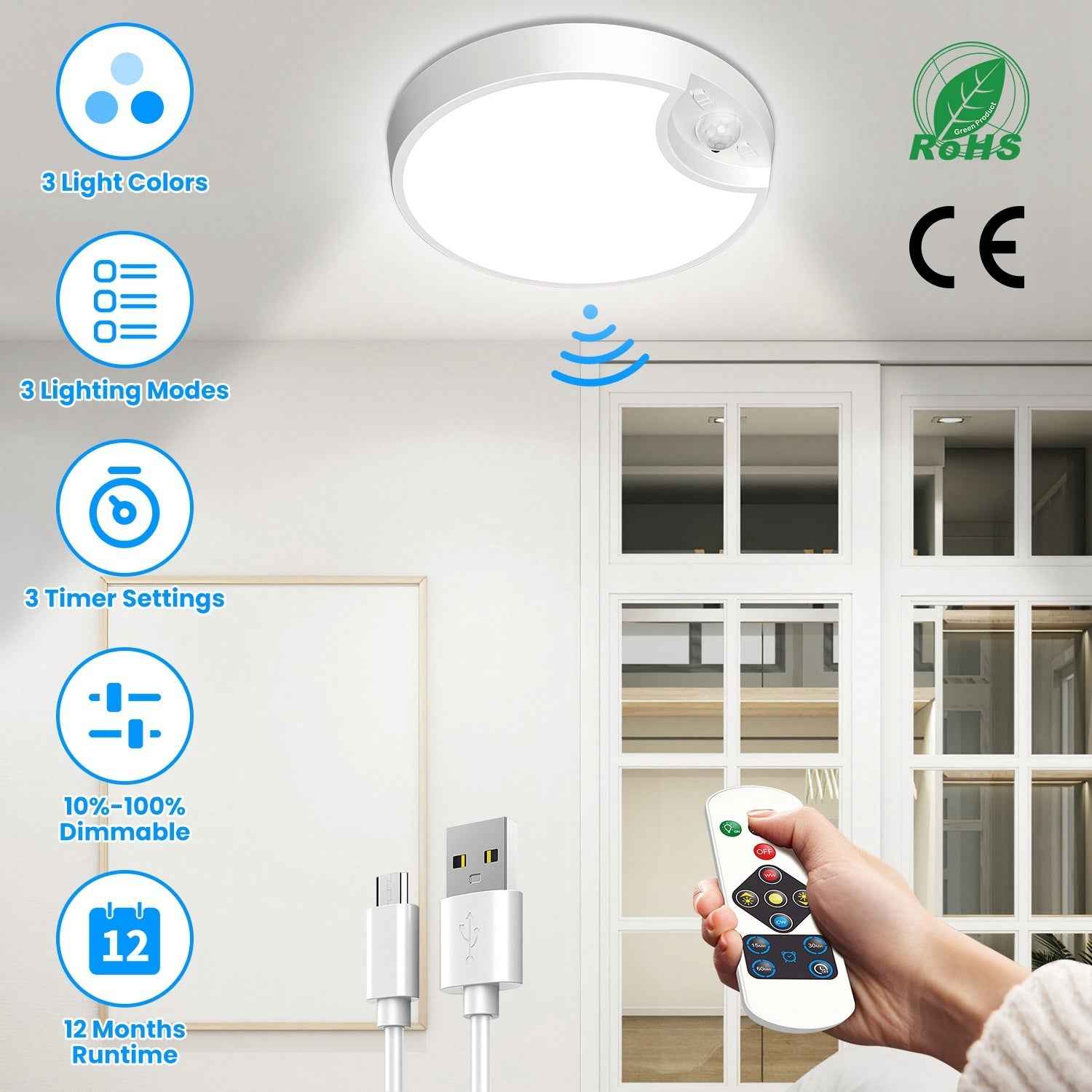 1Pc Rechargeable Motion Sensor Ceiling Light Dimmable LED Ceiling Light With Remote Timer 3 Light Colors 3 Modes For Stairs Garage Bathroom