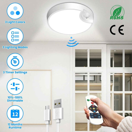 1Pc Rechargeable Motion Sensor Ceiling Light Dimmable LED Ceiling Light With Remote Timer 3 Light Colors 3 Modes For Stairs Garage Bathroom