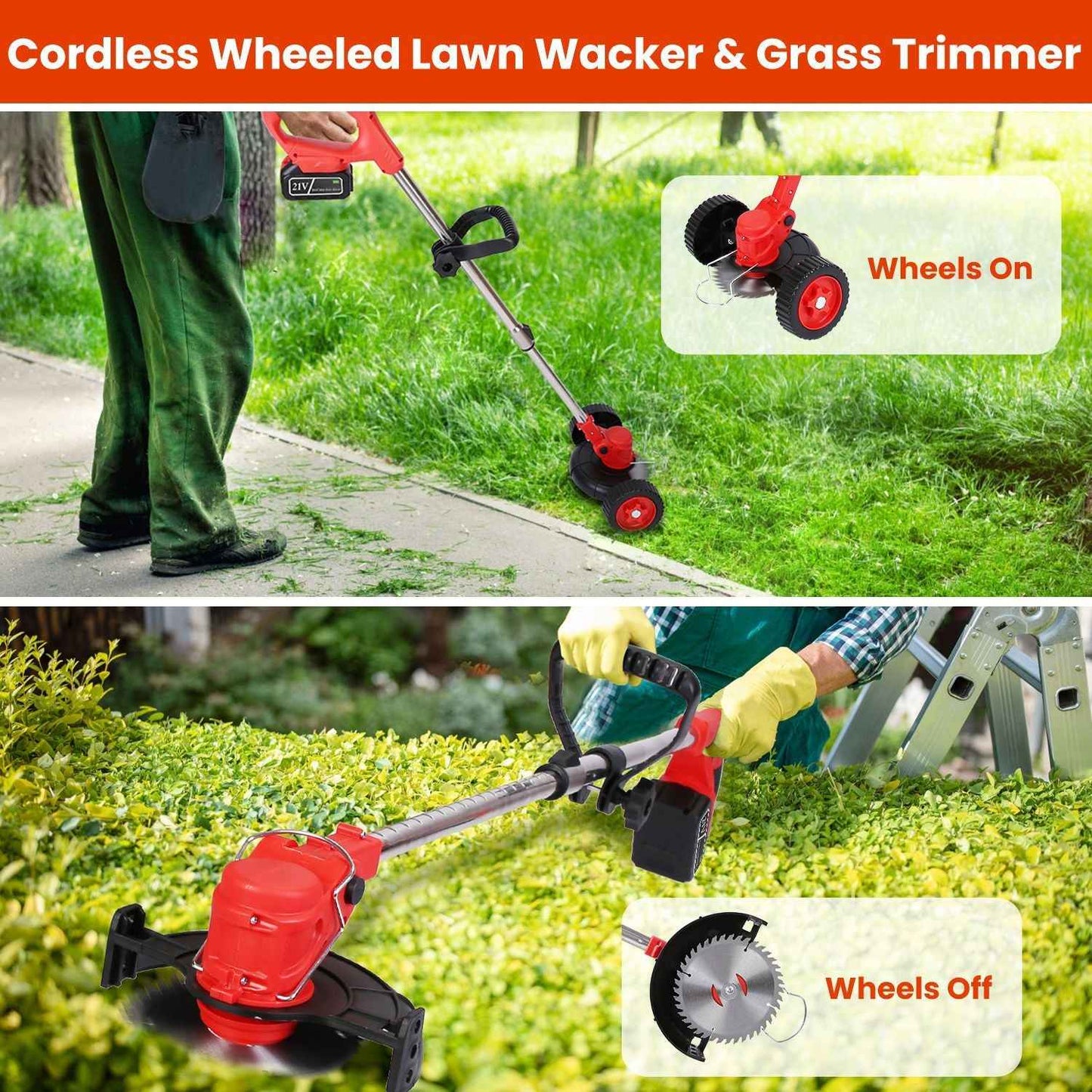 1Pc 3 In 1 Electric Cordless Grass Wacker Battery Powered Grass Trimmer With Wheels Adjustable Head Extendable Length Rechargeable Lightweight Lawn Trimmer With 2Pcs 2500mAh Batteries