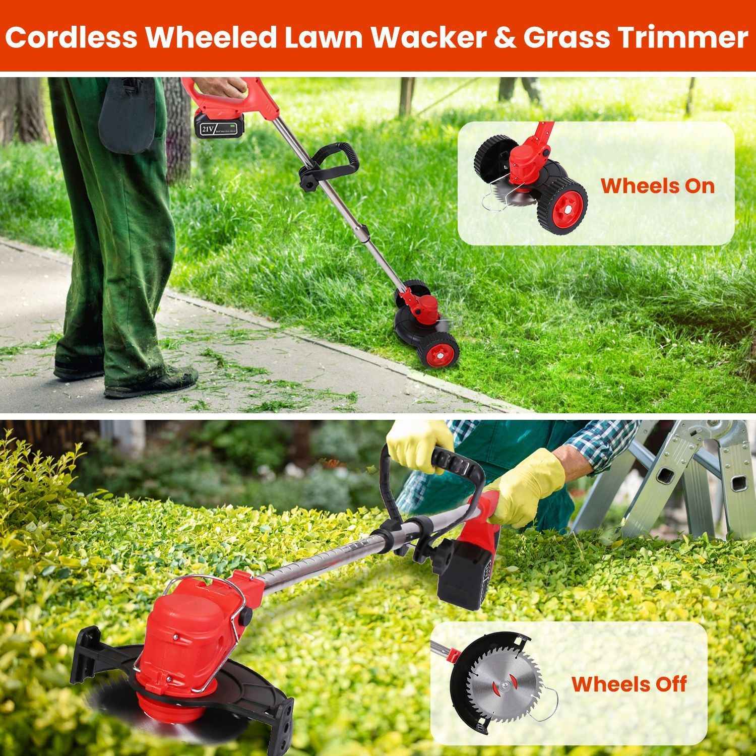 1Pc 3 In 1 Electric Cordless Grass Wacker Battery Powered Grass Trimmer With Wheels Adjustable Head Extendable Length Rechargeable Lightweight Lawn Trimmer With 2Pcs 2500mAh Batteries