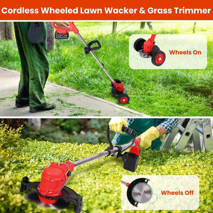 1Pc 3 In 1 Electric Cordless Grass Wacker Battery Powered Grass Trimmer With Wheels Adjustable Head Extendable Length Rechargeable Lightweight Lawn Trimmer With 2Pcs 2500mAh Batteries