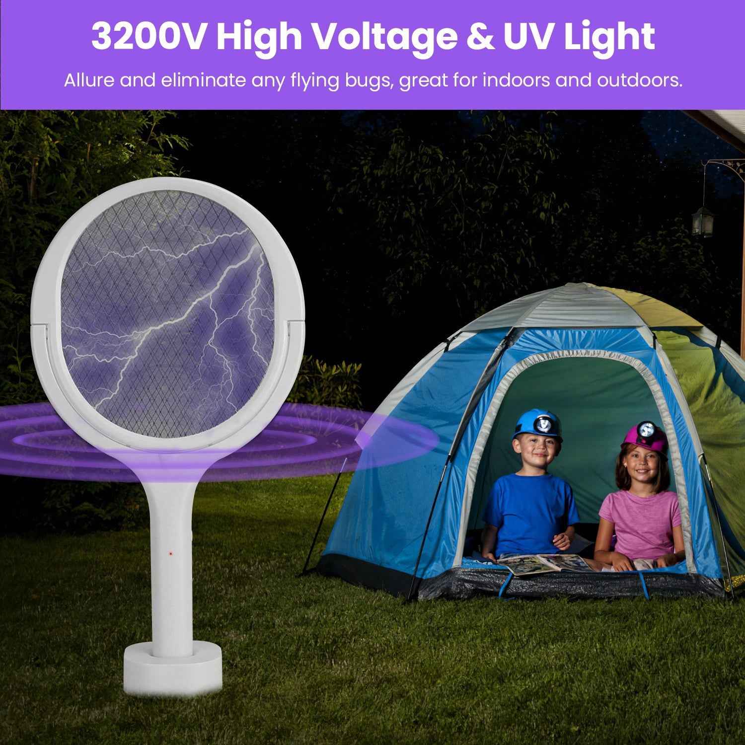 3 In 1 Electric Bug Zapper Racket 90Degree Rotating Bug Zapper Wand Indoor Outdoor Handheld Mosquito Swatter With Telescopic Extension Wand