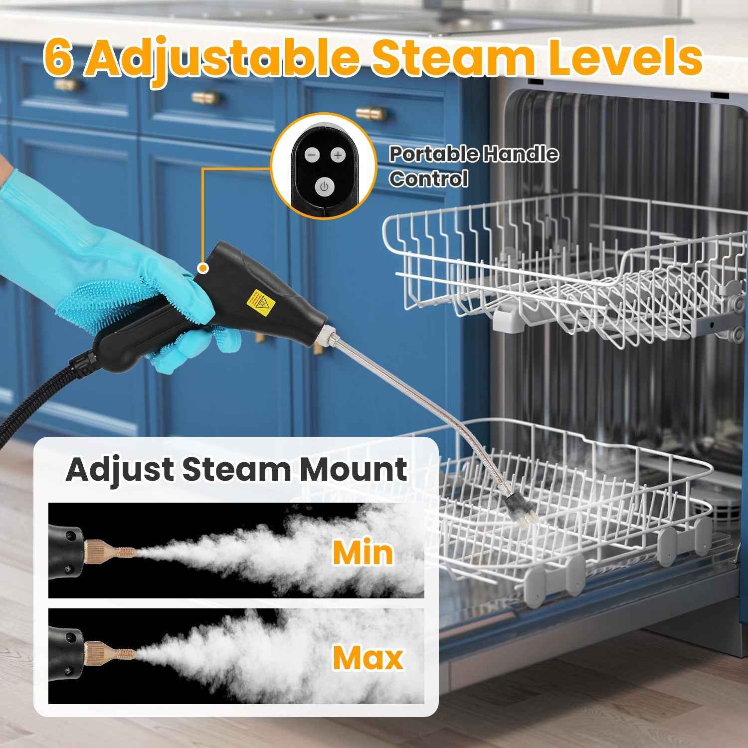 1500W Handheld High Temperature And Pressure Steamer Cleaner With 1200ML Tank 8 Accessories 6 Steam Levels Digital Display Handle Control For Dirt Grease Grout Tile Floor Couch Car