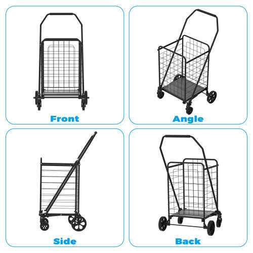 Shopping Cart With Shelf,Grocery Cart On Wheels, Foldable Utility Shopping Carts With Double Basket And 360 Rolling Swivel Wheels For Groceries Laundry