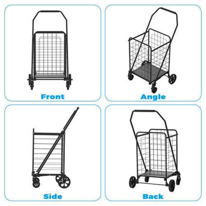Shopping Cart With Shelf,Grocery Cart On Wheels, Foldable Utility Shopping Carts With Double Basket And 360 Rolling Swivel Wheels For Groceries Laundry