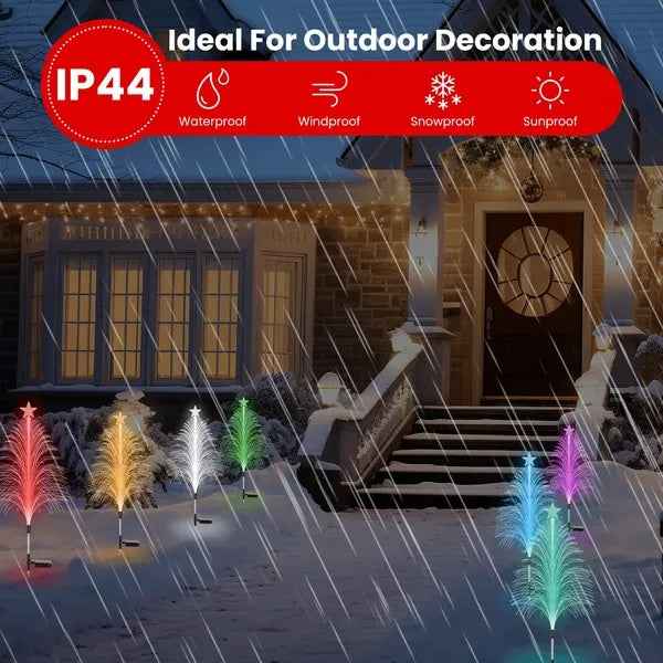 4Pack 7 Color Changing Solar Christmas Tree Lights Outdoor Optical Fiber Stake Lights Cedar Tree Lights With Topper Star IP44 Waterproof For Garden Yard Pathway Lawn