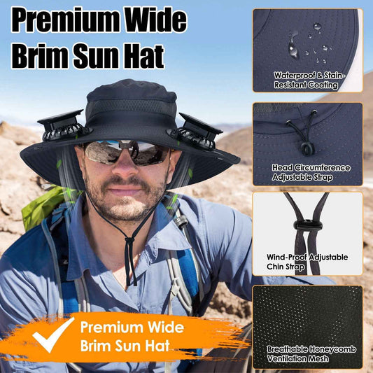 1Pc Outdoor Wide Brim Sun Hat With 2 Rechargeable Fans Solar Powered 3 Wind Speeds UPF50 Breathable Waterproof Nylon Mesh Outdoor Hat For Hiking Camping Hunting Fishing