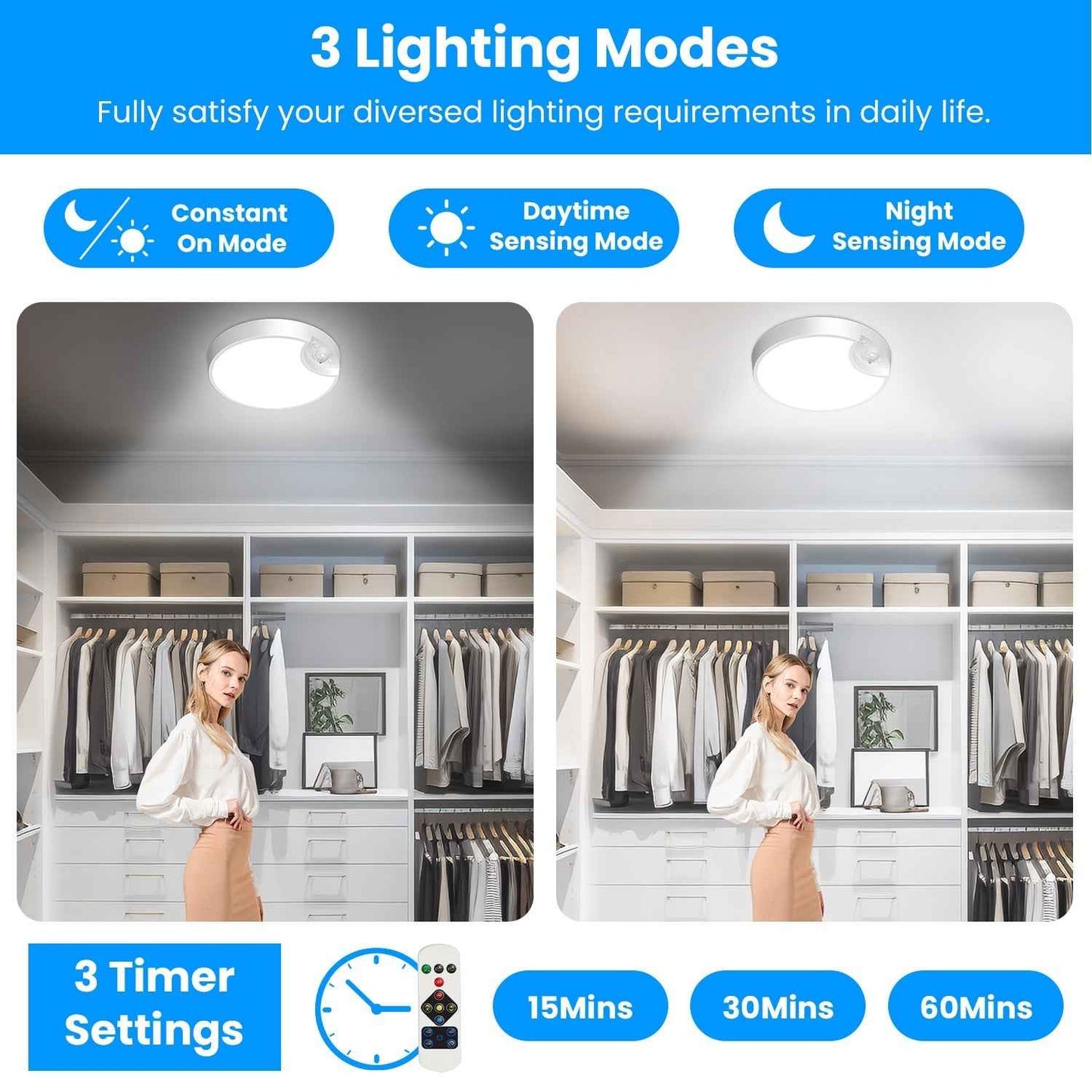 1Pc Rechargeable Motion Sensor Ceiling Light Dimmable LED Ceiling Light With Remote Timer 3 Light Colors 3 Modes For Stairs Garage Bathroom