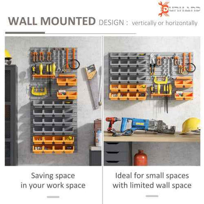 DURHAND 44 Piece Wall Mounted Pegboard Tool Organizer Rack Kit With Various Sized Storage Bins, Pegboard, & Hooks, Orange