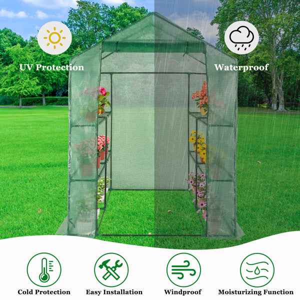 143x143x195cm PE Fabric Flower Room, Black Iron Pipe, Pointed Top, With 8 Mesh Flower Racks, Zipper Roll Door
