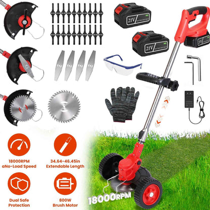 1Pc 3 In 1 Electric Cordless Grass Wacker Battery Powered Grass Trimmer With Wheels Adjustable Head Extendable Length Rechargeable Lightweight Lawn Trimmer With 2Pcs 2500mAh Batteries