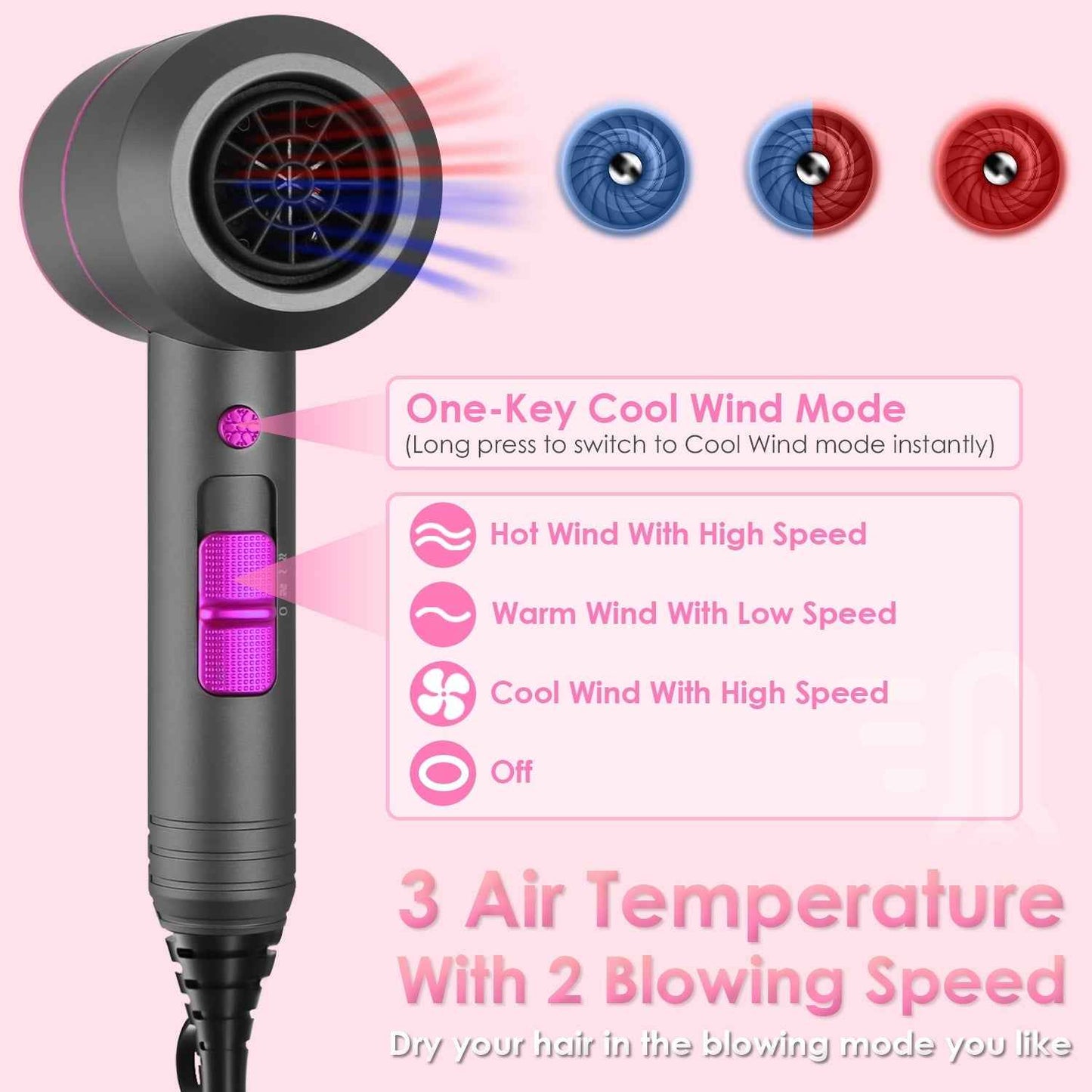 1Pc 1800W Hair Dryer Portable Compact Hair Blow Dryer With Cool Warm Hot Wind With Diffuser Concentrator Comb Nozzle ALCI Plug Overheat Protection For Women Man Straight Curly Hair