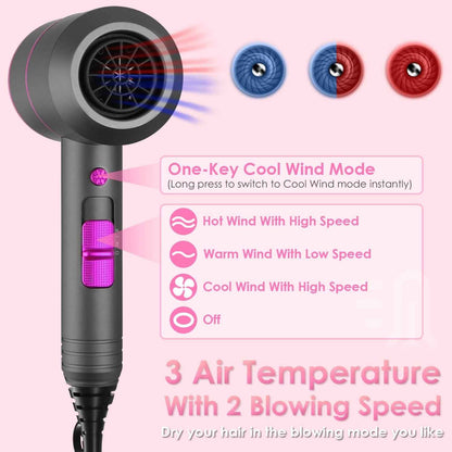 1Pc 1800W Hair Dryer Portable Compact Hair Blow Dryer With Cool Warm Hot Wind With Diffuser Concentrator Comb Nozzle ALCI Plug Overheat Protection For Women Man Straight Curly Hair