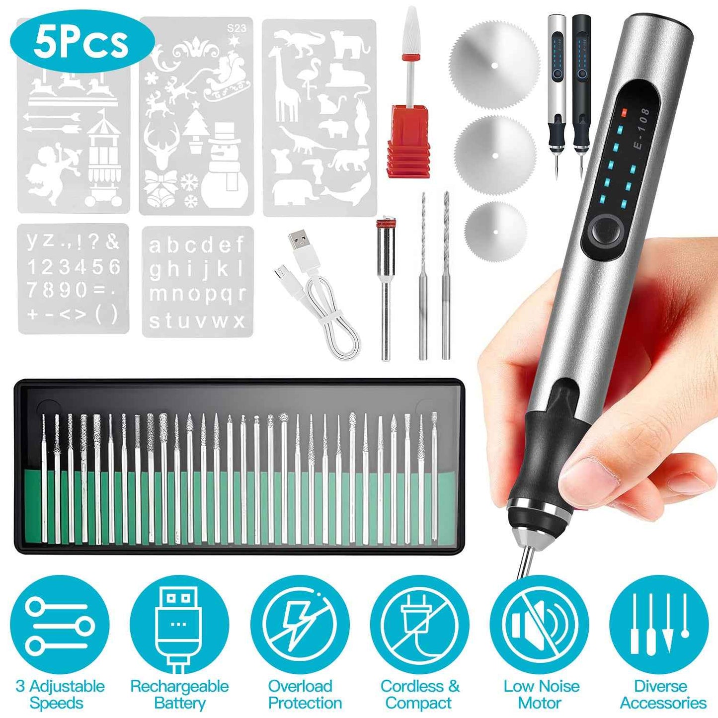 1Set Electric Engraving Pen With 33Pcs Burr Bits 5Pcs Stencils 3 Gears Speed Rechargeable Cordless Professional Engraver Etching Machine For Jewelry Glass Stone Metal Wood